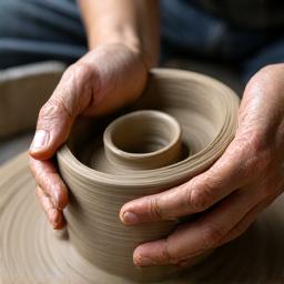 Mani bagnate e sporche d'argilla che modellano con estrema precisione l’argilla su un tornio in movimento, creando le prime curve di un vaso.
